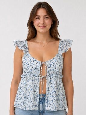 Blue Floral Ruffle-Shoulder Tie-Front Camisole